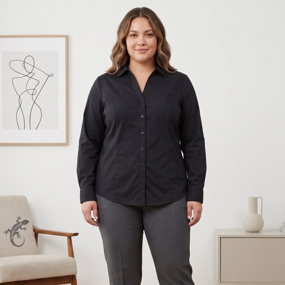 Lane Bryant Button Down Shirt 20 Black Cotton Blend Stretch Long Sleeve Blouse